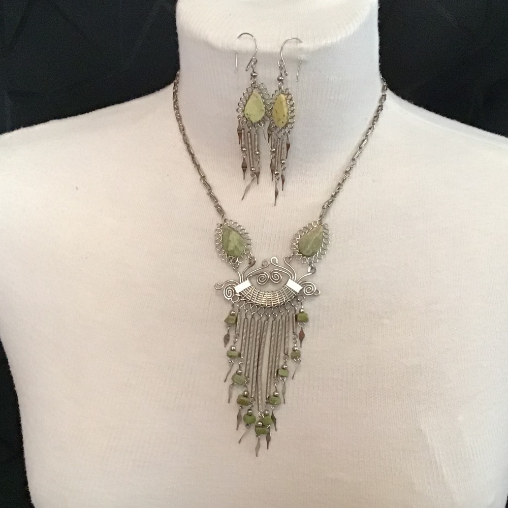 Unique boho necklace & earring set with green stones with wired accents & spikes